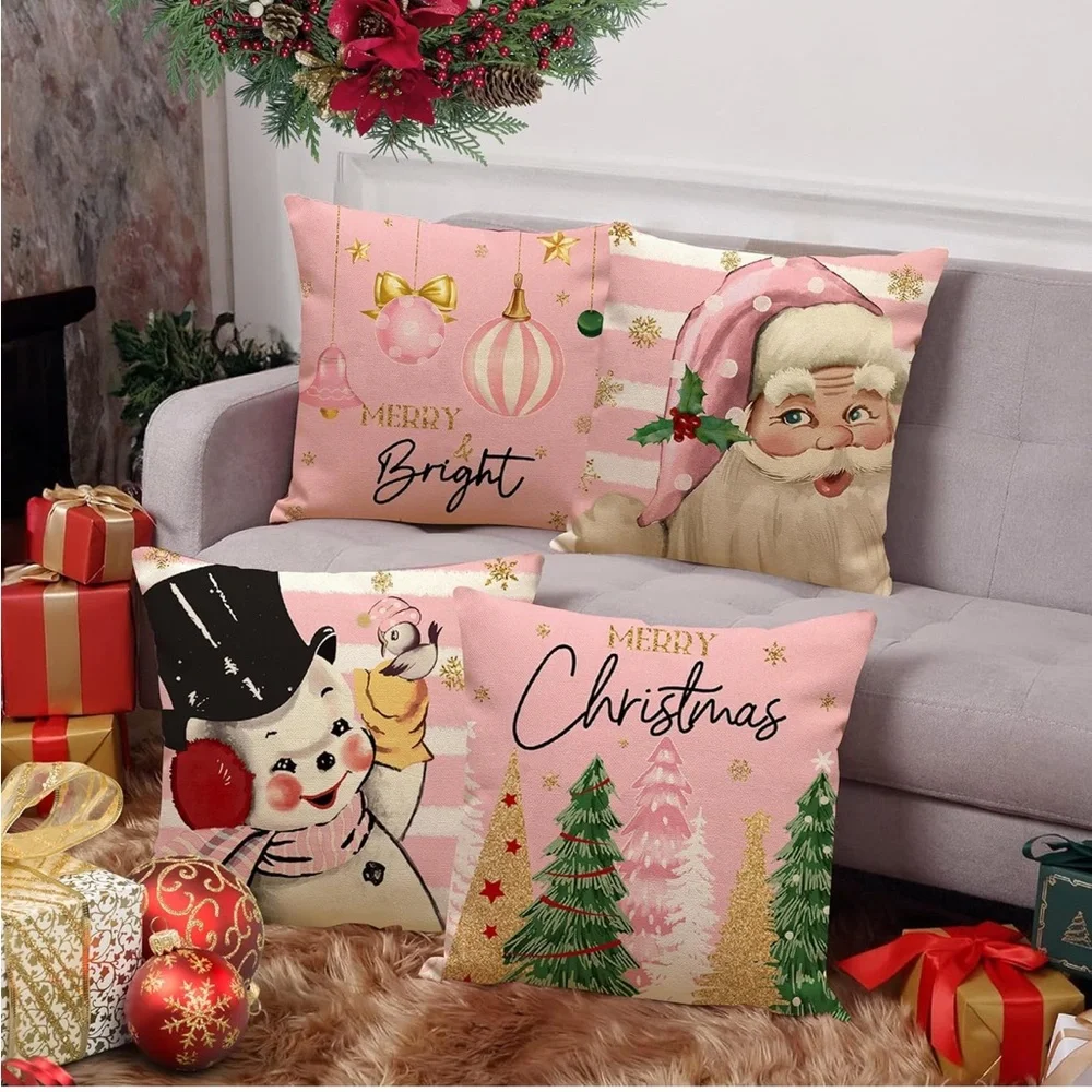 🎄💖 NEW Christmas Pillow Covers Set of 4 Pink Cute Farmhouse Shabby Chic Xmas